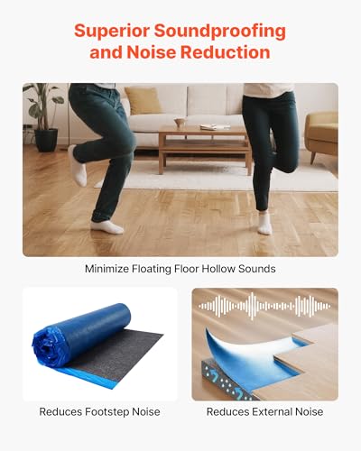 Image of VEVOR Floor Underlayment 200 sq. ft /Roll, 3 mm Thick Laminate Flooring Padding with Attached Vapor Barrier, Heavy Duty Fiber + PE Film, Soundproofing & Noise Reduction, Ideal for Laminate Wood