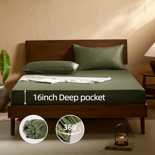 Image of EVERLY Queen Sheets Set,Luxuriously 400 Thread Count Organic Viscose Derived from Bamboo Bed Sheet,Cooling Sheets for Queen Size 4 Piece Deep Pockets Bedding Sheets &Pillowcases-Olive Green