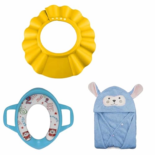 Image of Safe-O-Kid Potty Training Combo | 1 Cushioned Potty Seat, 1 Baby Shampoo Hat & 1 Baby Hooded Bath Towel | Toilet Training & Bath Essentials Kit for Babies & Toddlers - Assorted