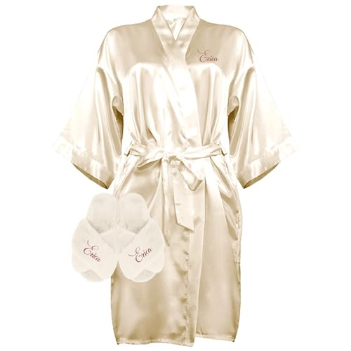Custom Women Satin Robes with Slippers, Gift Set for Her, Personalized Bride and Bridesmaid Gift Bundle