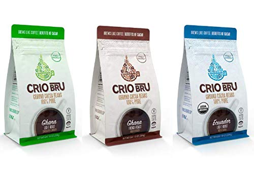 Crio Bru Variety Pack Organic Herbal Tea Coffee Alternative Substitute 99% Caffeine Free Whole-30 Gluten Free Honest Low Calorie Energy Boost 10 oz, Ghana French + Ghana Light + Ecuador (3 pack)