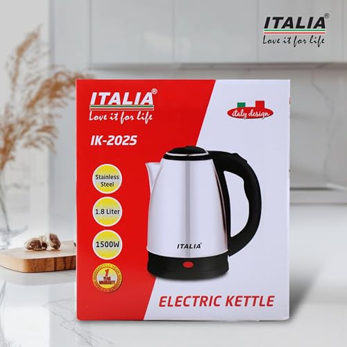 Image of Italia 1.8L Electric Kettle | Stainless Steel Body | 1500W Fast Boiling | Auto Cut-Off & Boil-Dry Protection | 360 Swivel Base | Cool Touch Handle | 1 Year Warranty