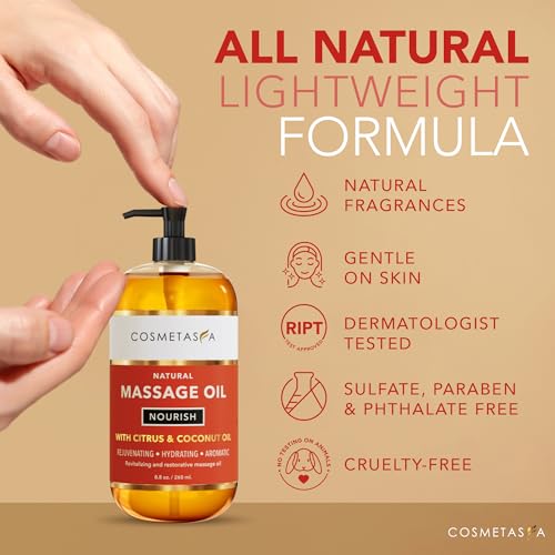 Image of Natural Nourishing Citrus & Coconut Massage Oil- Smooth Glide, Non Greasy Therapeutic Massage Oils with Rejuvenating, Hydrating & Aromatic Essential Oils for Dry Skin, Soothes Muscle & Joints 8.8 oz