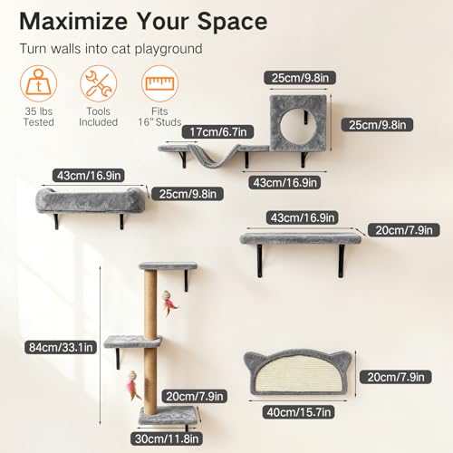Juego de estantes de pared para gatos 5 en 1 gris miniatura 5