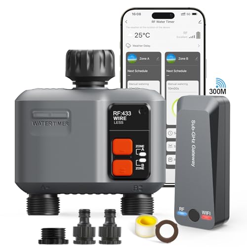 johgee Timer Irrigazione WiFi 2 Vie con Tecnologia RF 300M, Centralina Irrigazione WiFi, Compatibile con Alexa & App, Temporizzatore Irrigazione con 2 modalità & Ritardo Pioggia per Giardino, Prato