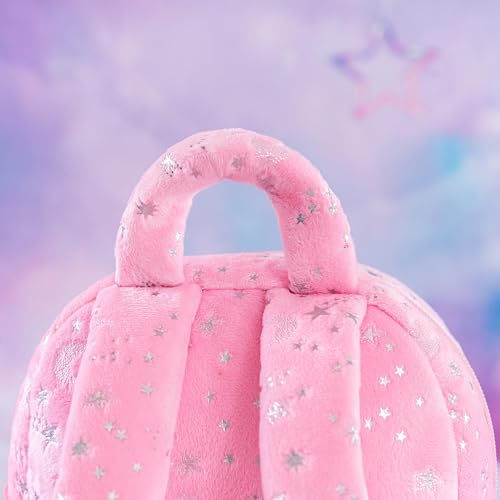 Image of Gloveleya Kids Backpack Toddler Girl Gift Plush Curly Hair Doll Backpack with Glittery Pink Dress and Star Accents 9''