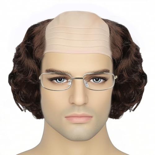 Gvhntk Short Curly Old Man Bald Cap Wig Mad Brown Scientist Synthetic Balding Halloween Anime Cosplay Costume Wigs