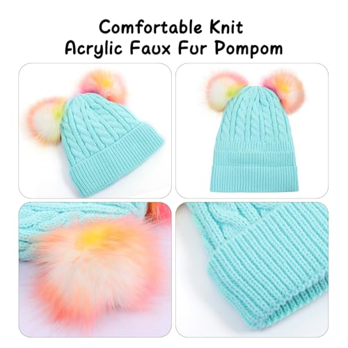 Girls Rainbow Pom Pom Beanies Hats Winter Knit Fleece Lined Beanie Hat for Kids Outdoor Snow Ski Skull Cap Age 7-124