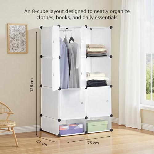 Image of Amazon Basics Plastic Modular Wardrobe Storage Cabinet for Home | 8 Cube Organizer with Hanging Space | DIY Foldable Closet for Clothes, Shoes & Accessories | White | 75 x 47 x 128 cm