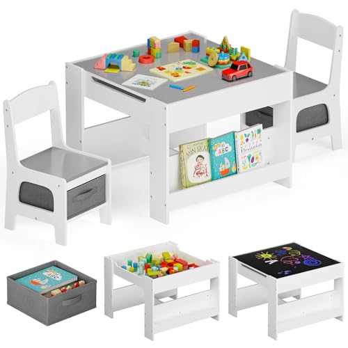 MAMIZO Mesa Infantil con 2 sillas, Juego de Mesa y sillas 3 en 1, Muebles Infantiles de Madera con almacenaje y estanterías, Mesa de Juegos y Actividades, Mesa de Arte, para 3-7 años, Gris