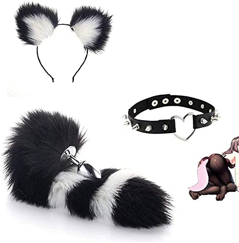 KNYOIP Lovely Furry Fox Tail Chõker Bells Cat Ear Headband B-ütt P-lúg Cosplay Set Amal Pl'ugs for Women Punk Gothic Leather -Black Red (Color : Black White) KNYOIP Lovely Furry Fox Tail Chõker Bells Cat Ear Headband B-ütt P-lúg Cosplay Set Amal Pl'ugs for Women Punk Gothic Leather -Black Red (Color : Black White)