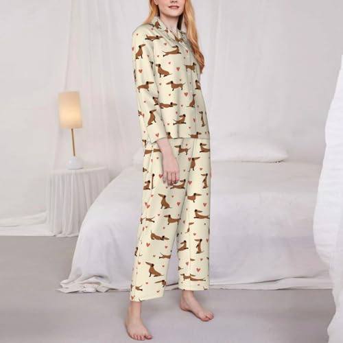 Kuilepa Damen-Pyjama-Set mit Herz-Dackel-Motiv, Knopfleiste, 2-teilig, langärmelig, Schwarz, L
