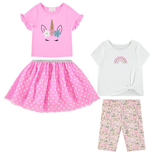 BTween Girls 4 Pack Floral Fashion Summer Clothes Set Tutu Skirt Tank Top Short Sleeve and Biker Shorts
