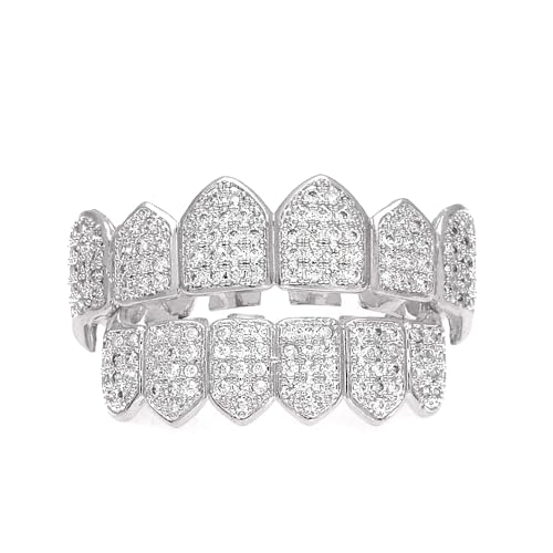 HH BLING EMPIRE Silver Iced Out Diamond Teeth Grillz for Men Women, Hip Hop Grills for Your Teeth Top and Bottom, Rapper Costume Mouth Jewelry with Silicone Molding Bars (Silver)