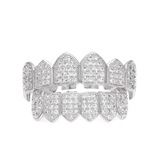 HH Bling Empire Iced Out Diamond Teeth Grillz for Men Women Hip Hop Silver Gold Grills for your teeth Top and Bottom,Rapper Costume Teeth Jewelry and Accessories (Silver)