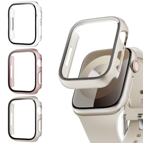 Lovmunia 3-Stück Schutzhülle mit Displayschutzfolie Kompatibel mit Apple Watch Series 9/8/7 45mm Rundum Ultradünne Hard Gehäuse Eingebaut Kratzfest Gehärtetes Glas Schutzfolie für iWatch 45mm