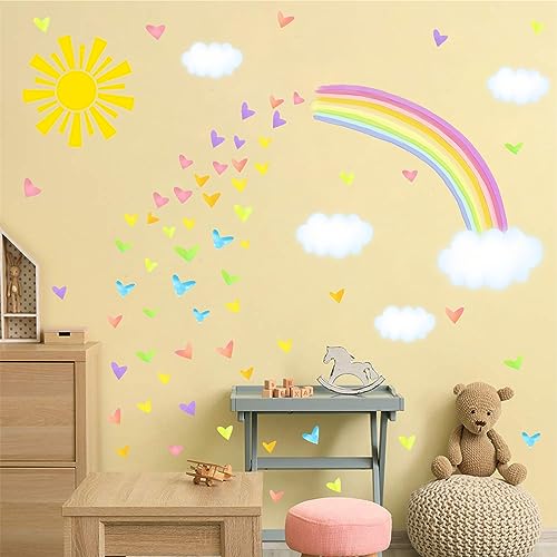 MOSITU Rainbow Wall Stickers 49 Pcs Watercolour Sun Cloud Heart Decals Removable Large for Nursery Bedroom Living Room Classroom Girls Her Decor - Image 4
