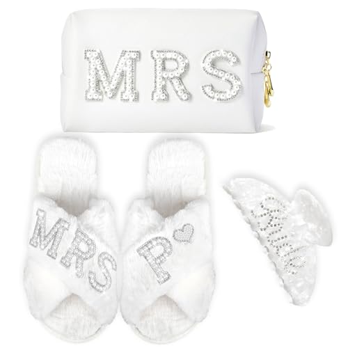 Personalized Initial Letter P Wedding Bride Slippers, Bride to Be Gifts, Bridal Shower Gifts, Bride Hair Clip MRS Makeup Bag