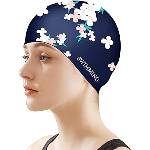 Swim Cap Women, Silicone Swimming Caps for Long Hair Anti Slip Waterproof Swim Caps for Womens Adult, Comfortable Bathing Cap Swimming Hats Fit for Curly Short Medium Long Thick Hairs (Navy blue) Cover