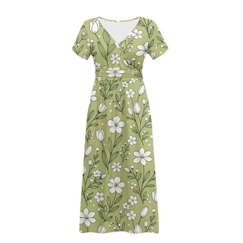 Image of Women's Fall Summer Short Sleeve Ankle Length V-Neck Party Dress with Pockets Size S-3XL