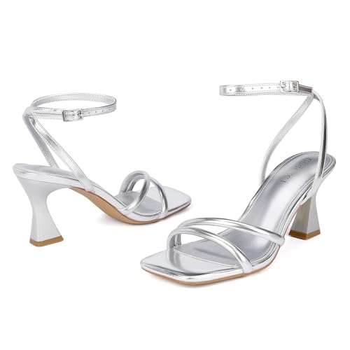 Image of Goderci Women's Kitten Strappy Mid heels Square Open Toe Ankle Strap Heeled Sandals
