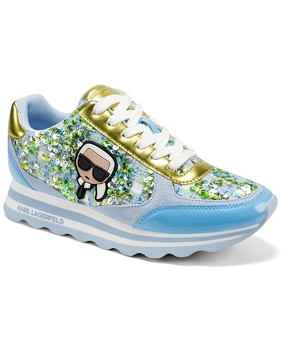 KARL LAGERFELD Women's Meade Lace Up Sneaker with Karl Head, Baltic Blue/Lime, 10