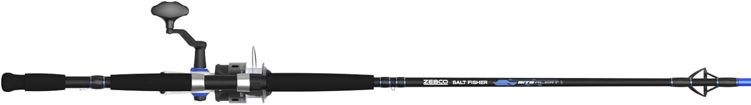 Zebco Salt Fisher Bite Alert Spinning Reel and Fishing Rod Combo, 7-Foot 2-Piece Medium-Heavy Power, Moderate Action Fiberglass Rod, 60-Size Reel, Right/Left Retrieve, 20-Pound Line, Blue/White/Black