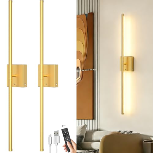 Image of Battery Powered Wall Sconce Set of Two: Gold Wireless Rechargeable Wall Lights with Touch and Remote Control, 360Rotatable 4CCT Dimmable Cordless Scone Lighting Decor for TV Wall Bedroom Bathroom