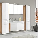 Modernes Badmöbel Set mit 100cm Waschtisch, MDF Hochglanz Fronten tiefgezogen, Korpus: Wotaneiche, gedämpfte Türen und Softclose-Schubladen, verchromte Metallgriffe