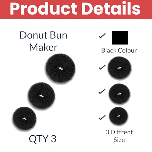 Image of Hair Bun Maker Donut Set, 3 Sizes, Black, with 3 Hair Clips