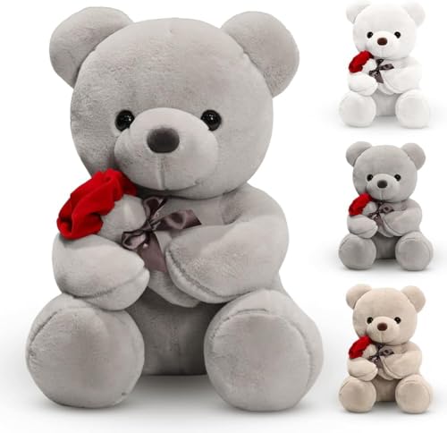 BRIMOREA Ours en peluche avec rose - 23 cm - Jouet décoratif pour chambre d'enfant et fille - Cadeau d'anniversaire et de Saint-Valentin - Gris