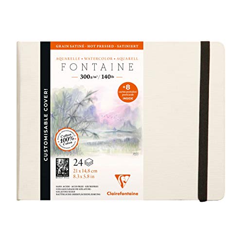 Clairefontaine 975441C - Un carnet cousu de papier dessin Fontaine blanc satiné 24 pages 21x14,8 cm 300g + 8 cartes postales pré-imprimées