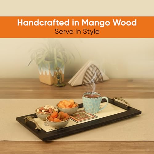 Image of Aakriti Art Creations Heritage Blend Tray, Serving Platter Beige | Madhubani Art with Matte Finish, Handcrafted Metal & Wood Tray with Handles | Tray for Kitchen Decor & House Warming Gifts