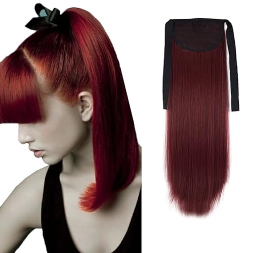 iLUU Synthetic Heat Resistant Fiber Straight Clip in Hair Extensions 24" 90g Wine Red Wrap Around Binding Tie Up Extension Ponytail for Women Cosplay Party Girl
