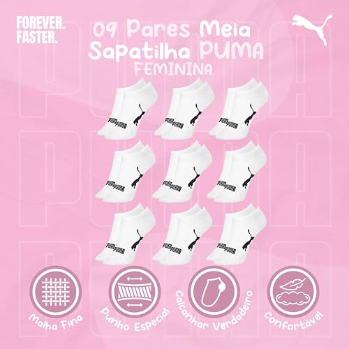 PUMA Kit 9 Pares Meia Invisível Sapatilha Adulto Feminina, 9 Branco, 34-39