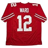 Autographed/Signed Denzel Ward Ohio State Red College Football Jersey Beckett BAS COA
