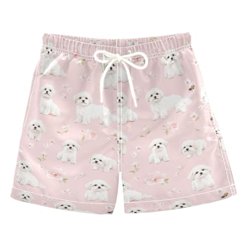Wudan Traje de baño para niños con diseño de perros malteses, color rubor, secado rápido, pantalones cortos para correr, para fiestas de natación, 2T, Lindos perros malteses rubor, 6 años
