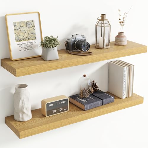 Image of 40 Inch Floating Shelves for Wall, 8 Inch Deep Floating Shelf for Storage & Display, Rustic Wall Mounted Shelf with Invisible Brackets for Living Room, Kitchen, Bathroom, Home Decor, Set of 2, Oak