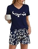 Litherday Pijama Mujer Verano Algodón 65% Manga Corta Cuello en V Conjunto Corto con Estampado de Gato y Estrellas Ropa de Dormir Cómoda Azul Marino Estampado de Estrellas L