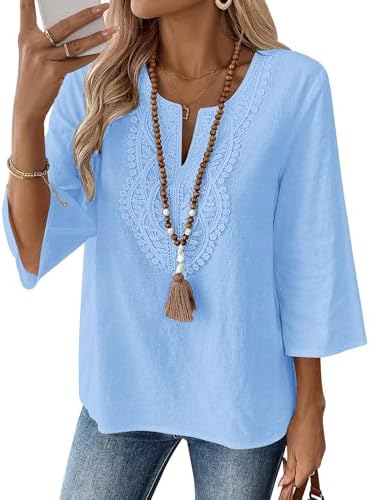 Rapbin Bluse Damen 3/4 Arm Elegant Oberteile V Ausschnitt Baumwolle Spitze Tops Shirt Casual Loose Fit Tunika
