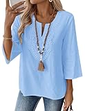 Rapbin Ladies Tops 3/4 Sleeve Blouses For Women Uk V Neck Loose Fit Summer Cotton Linen Clothes Tunic Plus Size Light Blue 3XL