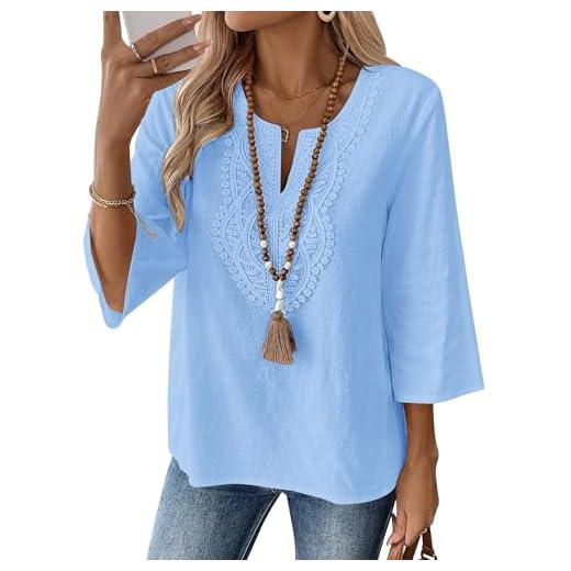 Rapbin Bluse Damen 3/4 Arm Elegante Oberteile V Ausschnitt Baumwolle Schickes Hemdbluse Frühling Sommer Outfit Tunika Vintage Blusen Hellblau XXL