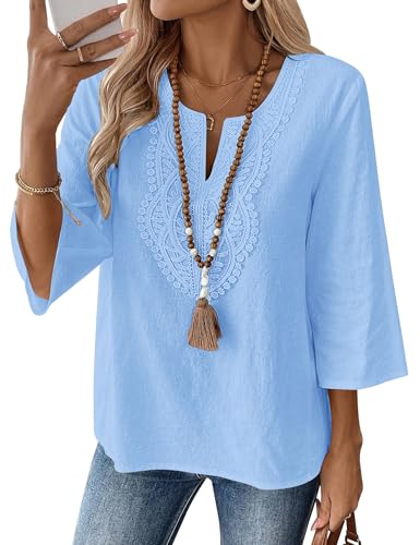 Rapbin Bluse Damen Elegant 3/4 Arm Blusen & Tuniken für Damen V Ausschnitt Baumwolle Spitze Tunika Hemdbluse Sommer Outfit Hellblau XL