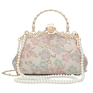 Retro Shoulder Chain Messenger Clutch Chinese Style Crane Embroidered Jacquard Women’s Evening Bags (Golden Pink Flower)