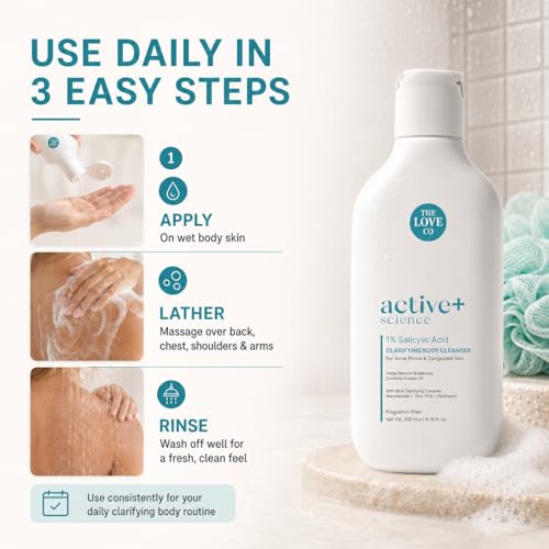 Image of THE LOVE CO. 1% Salicylic Acid Body Wash for Acne-Prone Skin, Clarifying Body Cleanser with Niacinamide, Zinc PCA & Panthenol, Fragrance-Free Shower Gel for Body Acne & Strawberry Skin, 200 ml