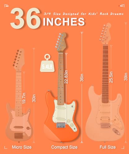 Image of AKLOT Mini Kids Electric Guitar: 3 /4 Size Guitar Kit for Beginners, 1.5in Narrow Neck for Small Hands, Easy to Play, Age 6-12, 36 inch, 10W Amp, Gig Bag, Strap, Cable, Picks & Lesson Book(Orange)