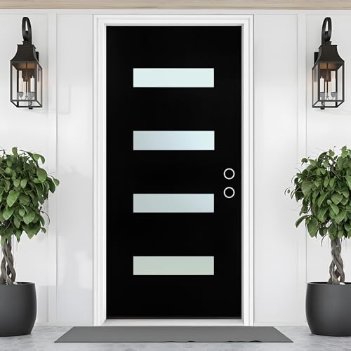 36''x80'' Fiberglass Exterior Entry Door, 6-9/16'' Jamb French Front Door Left Hand Inswing Black Woodgrain Finished Knock-Down Door with Frosted Glass, Vinyl Frame and Brickmould Included