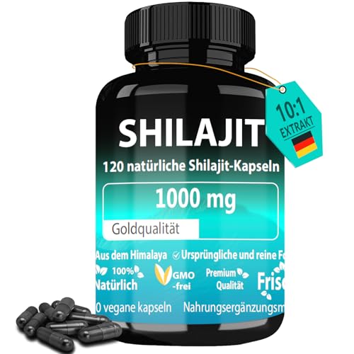Shilajit Kapseln, Hochdosiert 1000mg pro Tagesdosis, Shilajit Original Kapseln Reich an Mineralien und 50% Fulvinsäure und Huminsäuren, Vegan & Laborgeprüft, 120 Kapseln
