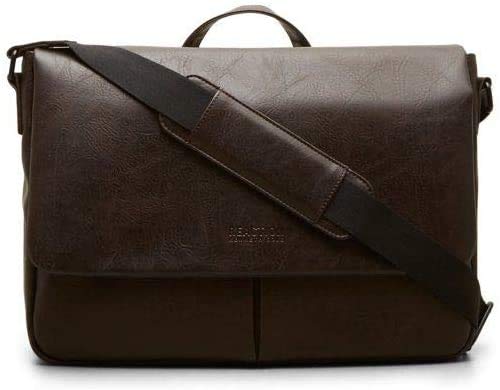 Kenneth Cole Reaction Travelier Satchel Messenger Vegan Leather Laptop Computer Shoulder Bags, Brown, 15.6