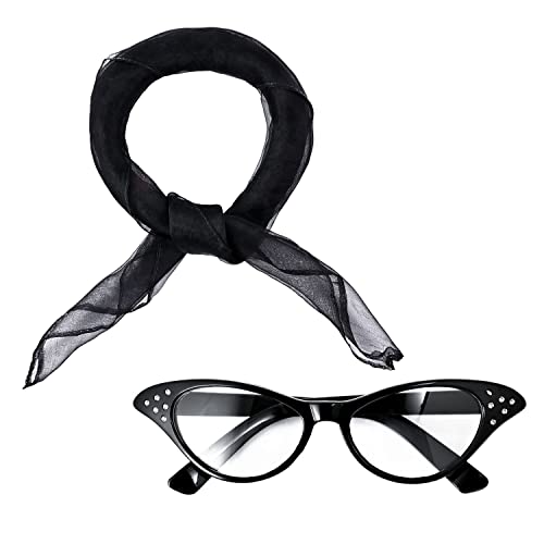 Euvoym Juego de 2 accesorios de disfraz de los años 50 negros para mujer, gafas de fantasía y bufanda negra, estilo femenino, bufanda para el cuello para mujeres y niñas Cover